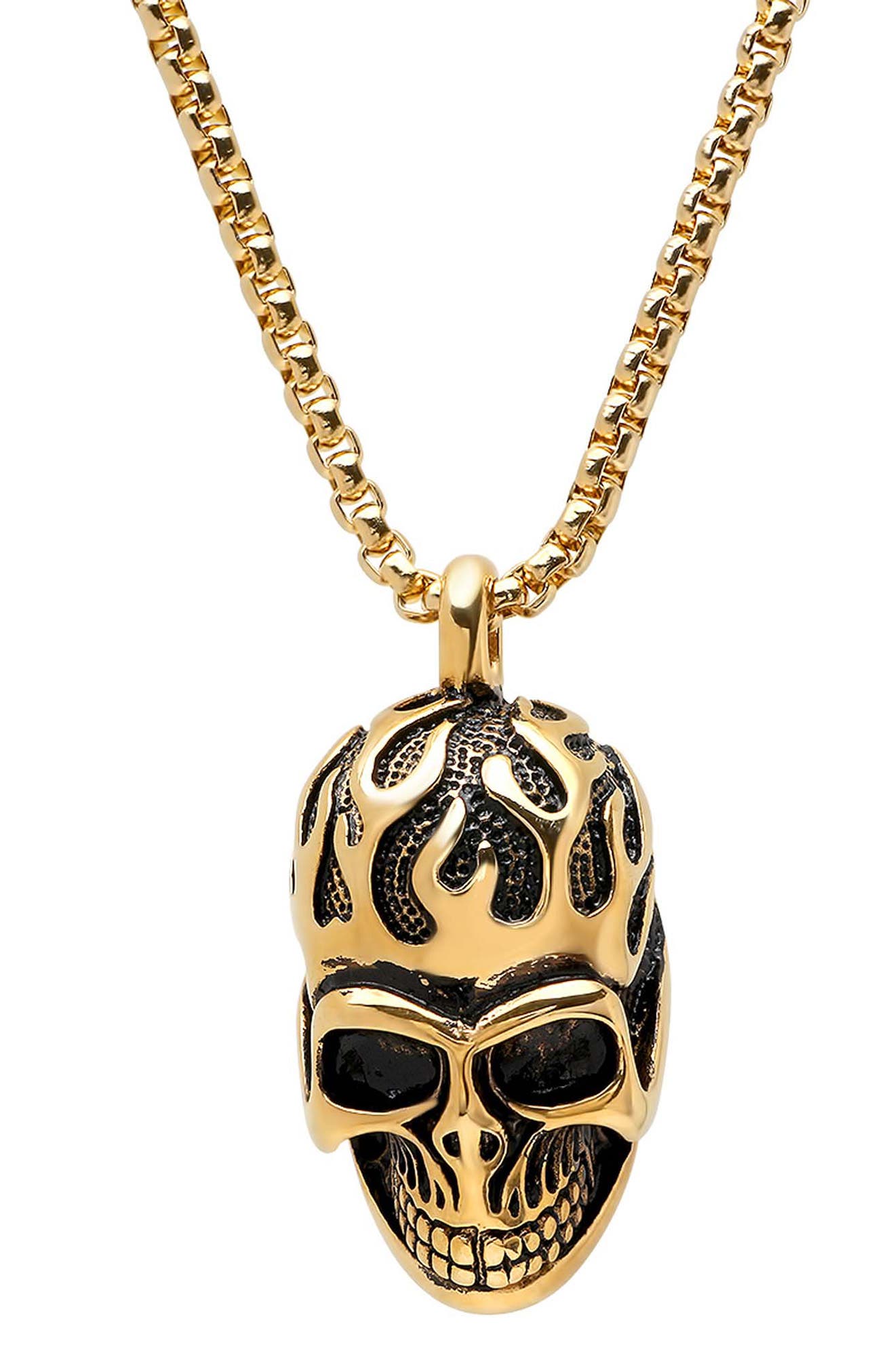 Men's 18K Gold Plated Stainless Steel Skull Pendant Necklace
