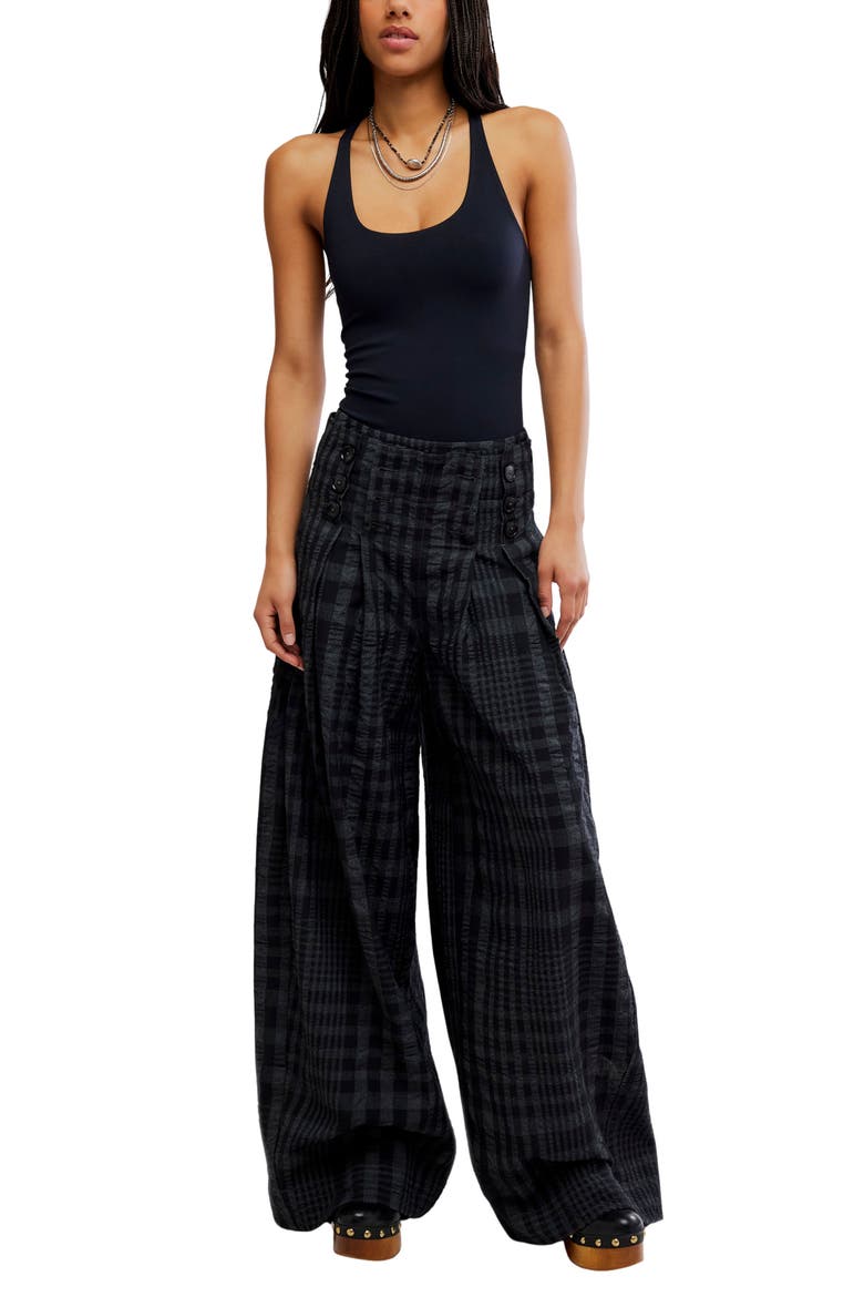 On the Move Plaid Cotton & Wool Blend Wide Leg Pants, Alternate, color, BLACK NAVY PLAID COM
