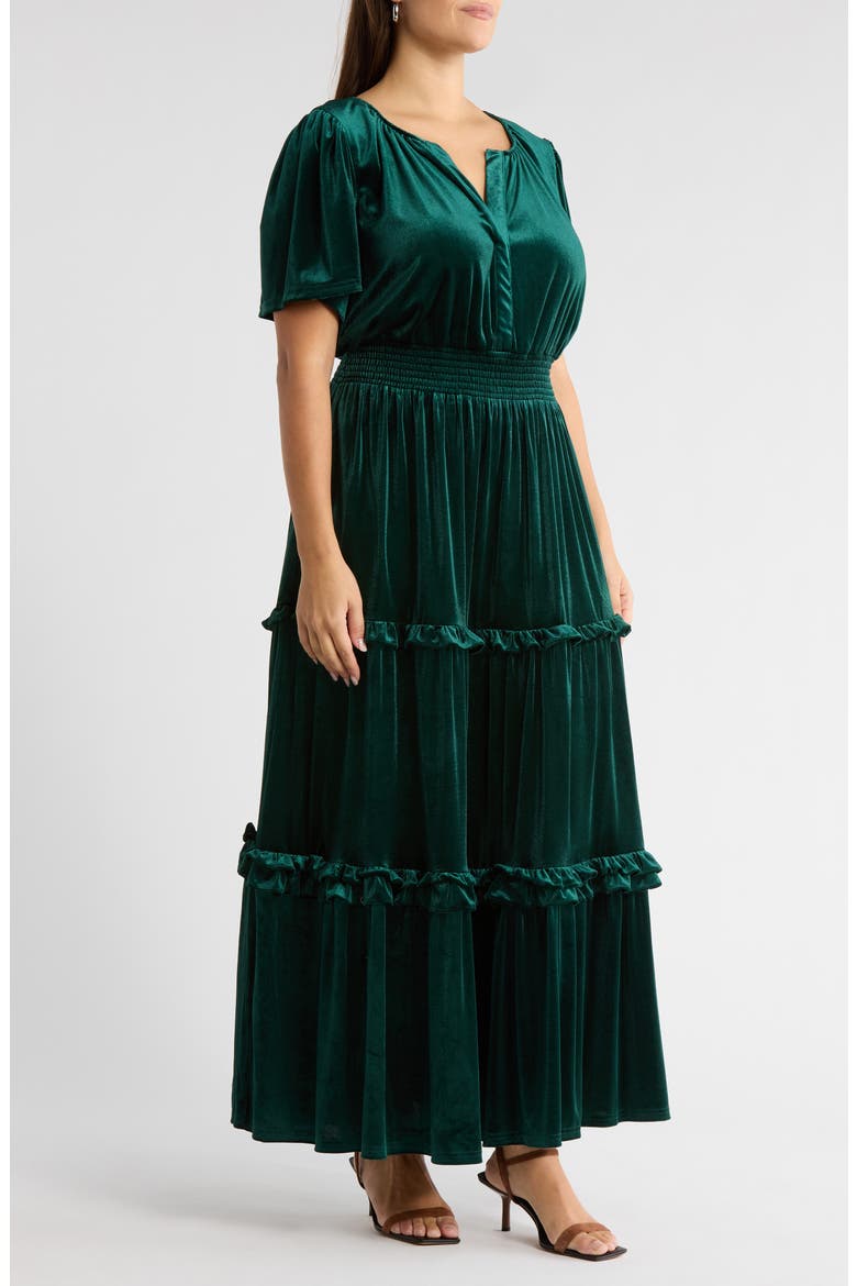 Juliete Velvet Palmer Tiered Maxi Dress, Alternate, color, EMERALD