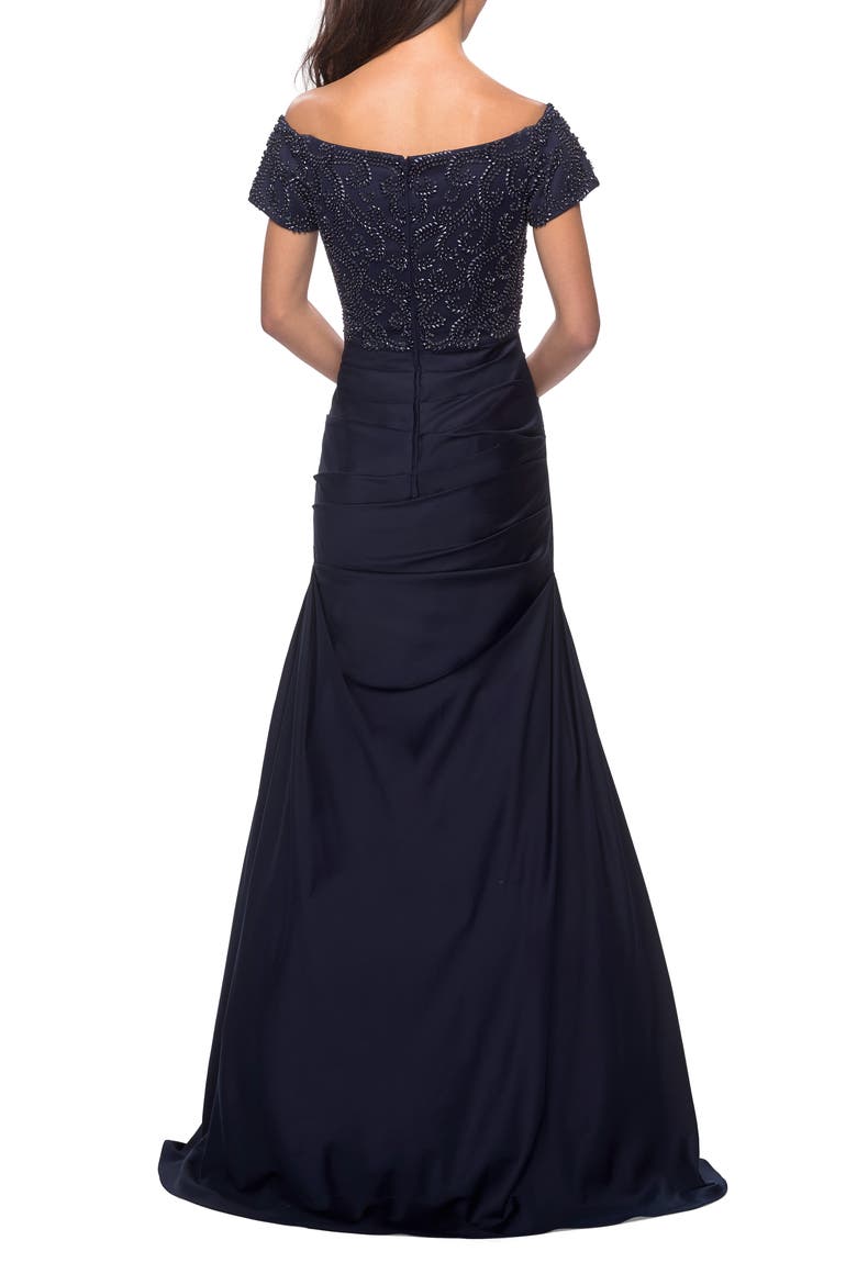 Satin Off the Shoulder Dress with Beaded Sleeves, Alternate, color, Navy