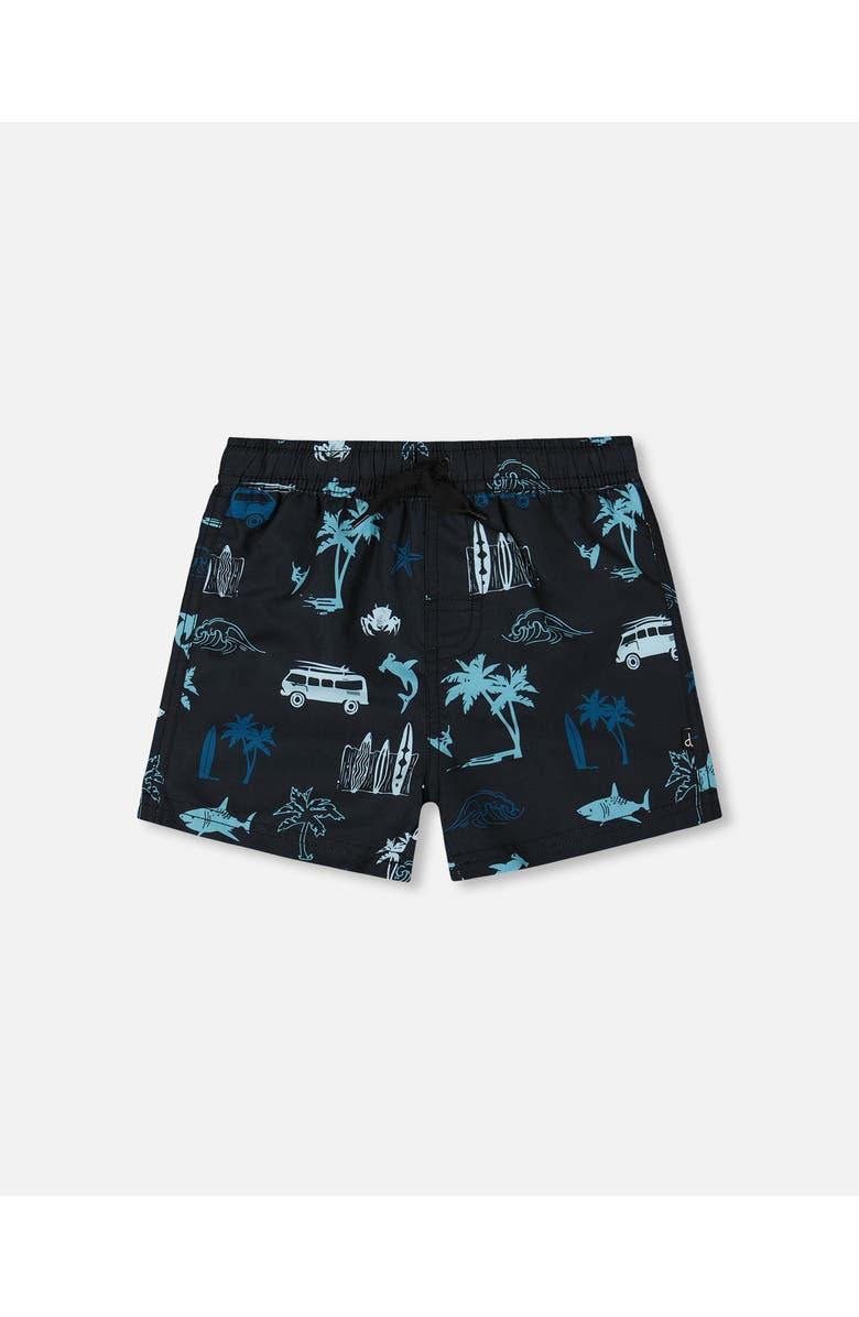 Deux par Deux Little Boy's Printed Swim Trunks Light Blue Beach On Black, Main, color, 