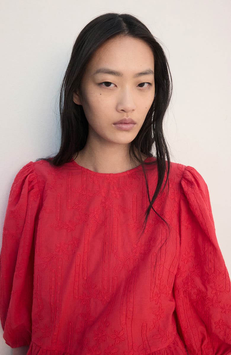 MANGO Floral Embroidered Cotton Peplum Top, Alternate, color, Strawberry