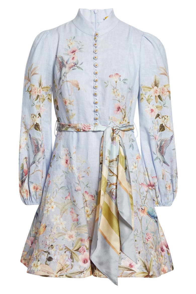 Rebellion Long Sleeve Linen Belted Minidress, Alternate, color, BLUE AVIARY