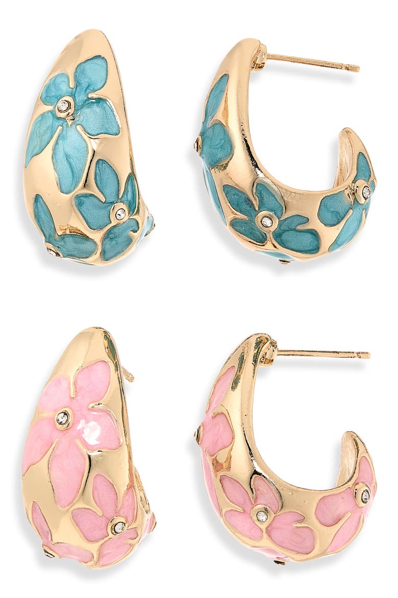Set of 2 Flower Assorted Hoop Earrings, Main, color, BLUE/ BLUSH