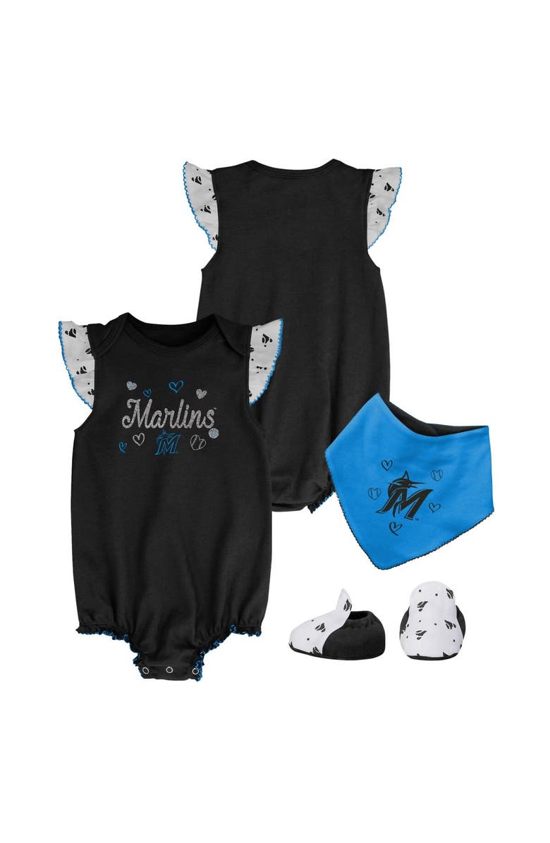 Outerstuff Girls Newborn & Infant Black Miami Marlins 3-Piece Home Plate Bodysuit Bib & Booties Set, Main, color, Black