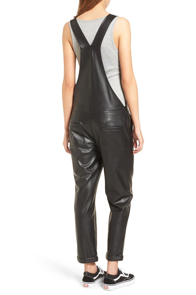 Faux Leather Overalls, Alternate, color, BLACK