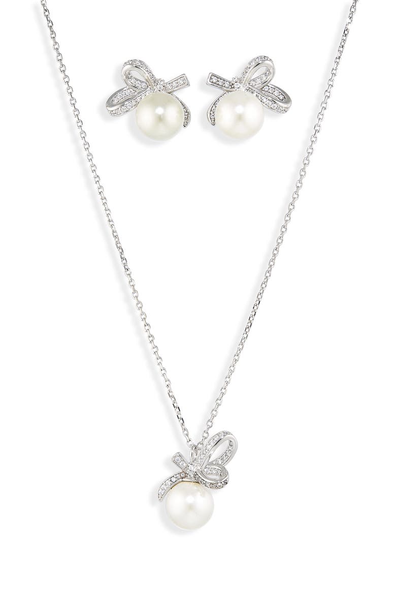 Kate Spade New York all tied up pendant necklace and stud earrings set, Alternate, color, Cream/ Silver.