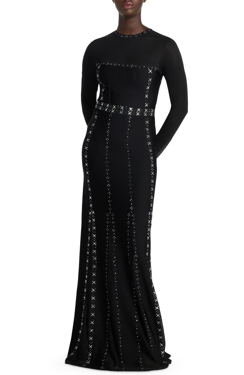 ST. JOHN Rhinestone Studded Long Sleeve Knit Gown, Main, color, 