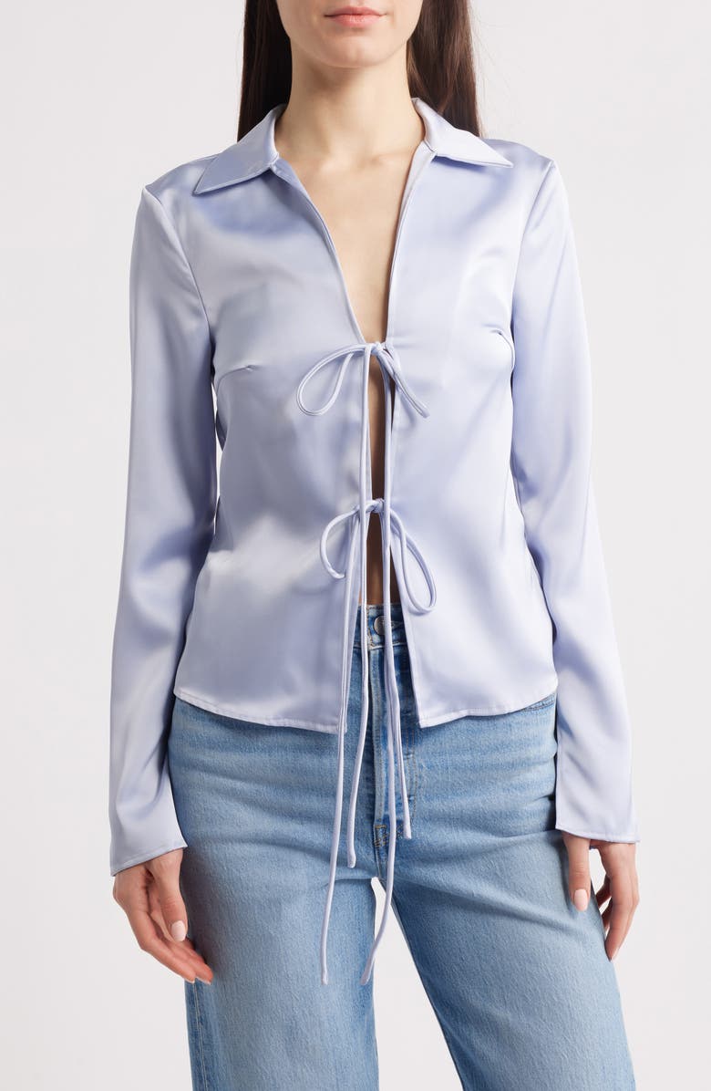 NASTY GAL Long Sleeve Tie Front Satin Shirt, Main, color, Blue