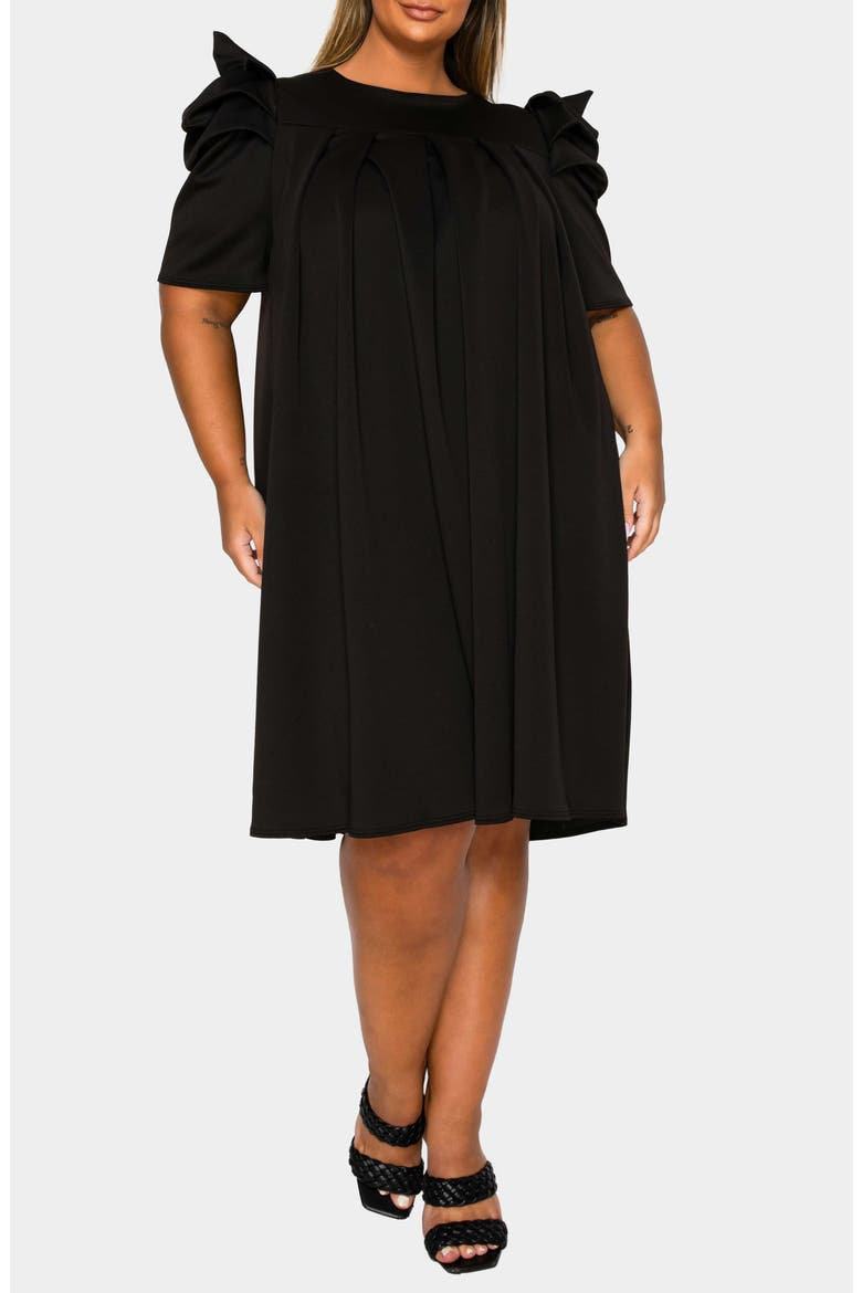 Zaya Puff Sleeve Pleated Shift Dress, Alternate, color, BLACK