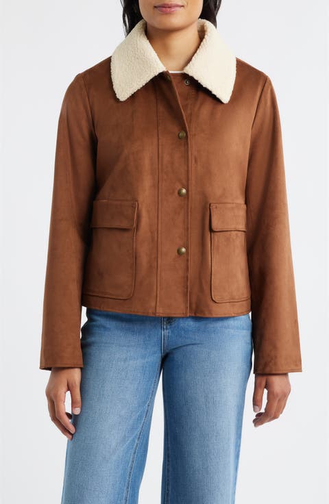 Faux Leather Jacket with Faux Shearling Collar
