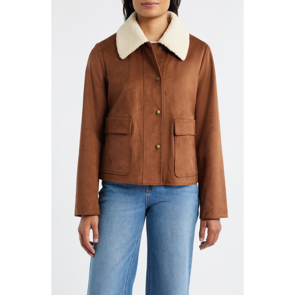 Sam Edelman Faux Leather Jacket with Faux Shearling Collar in Cyrus Tan at Nordstrom Rack, Size X-Large
