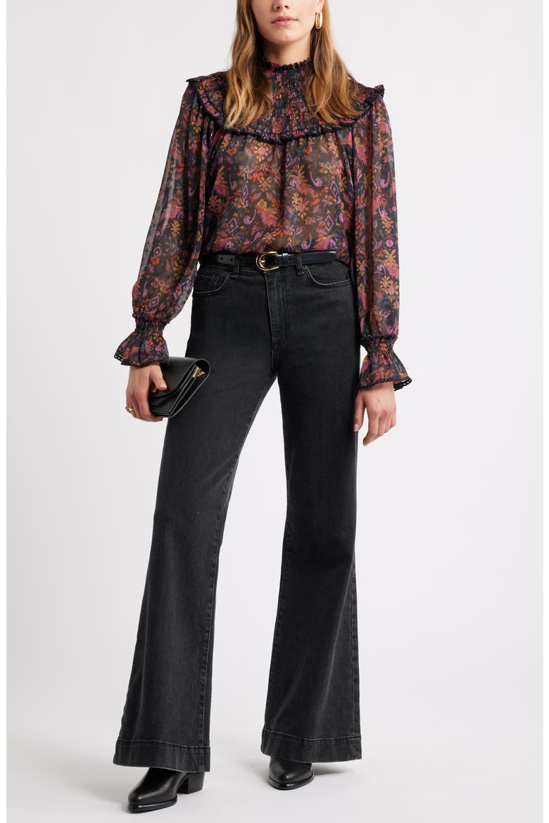 Floral Metallic Smocked Yoke Top, Alternate, color, BLACK- PURPLE ROSE TAPESTRY