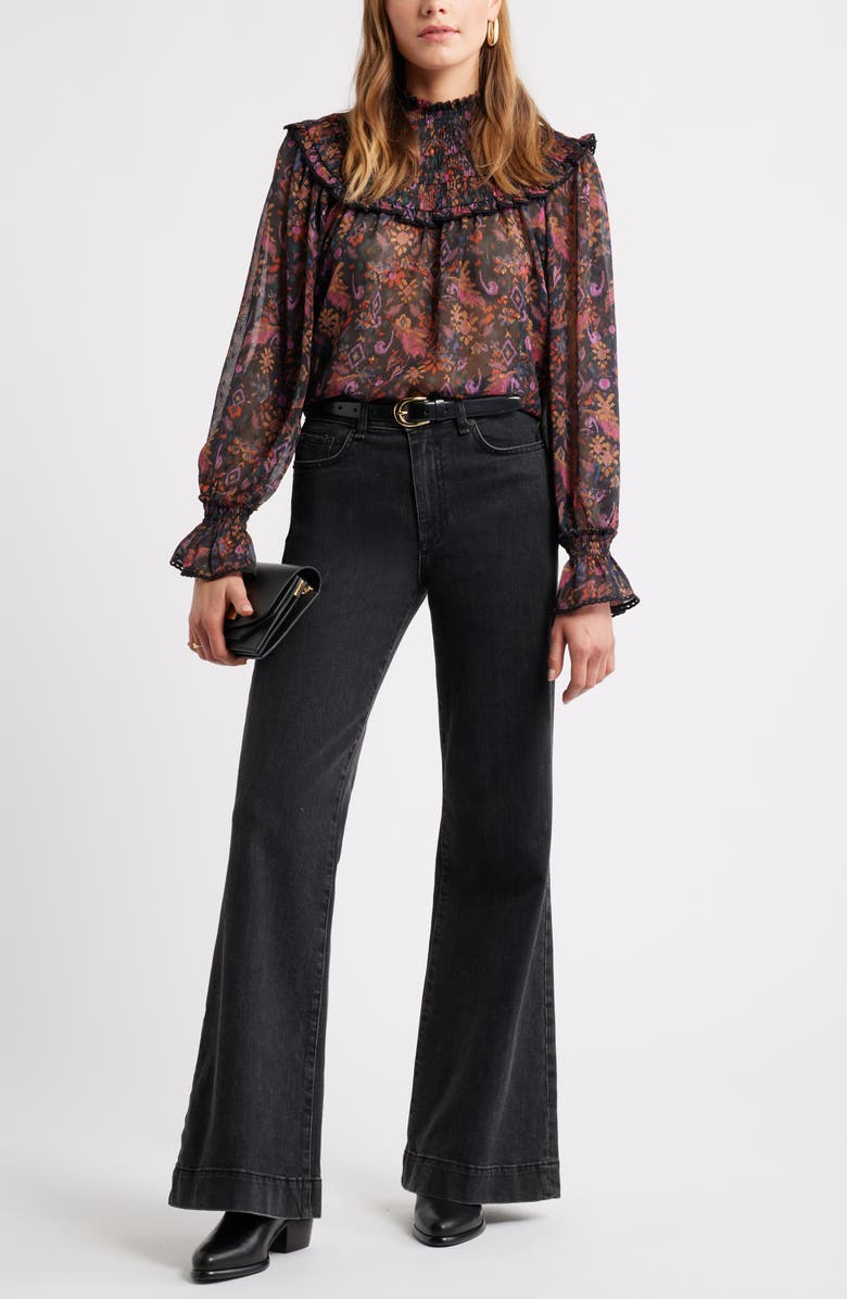 Treasure & Bond Floral Metallic Smocked Yoke Top, Alternate, color, Black- Purple Rose Tapestry