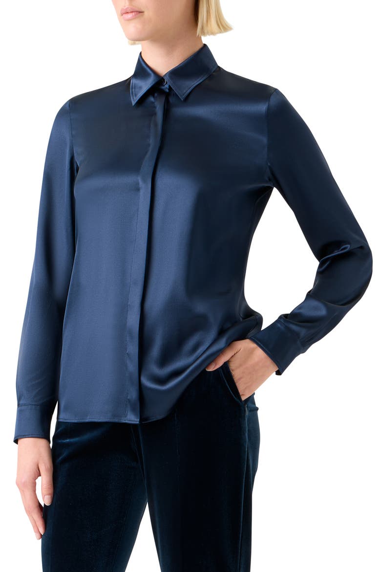 Stretch Silk Satin Button-Up Shirt, Alternate, color, DENIM BLUE