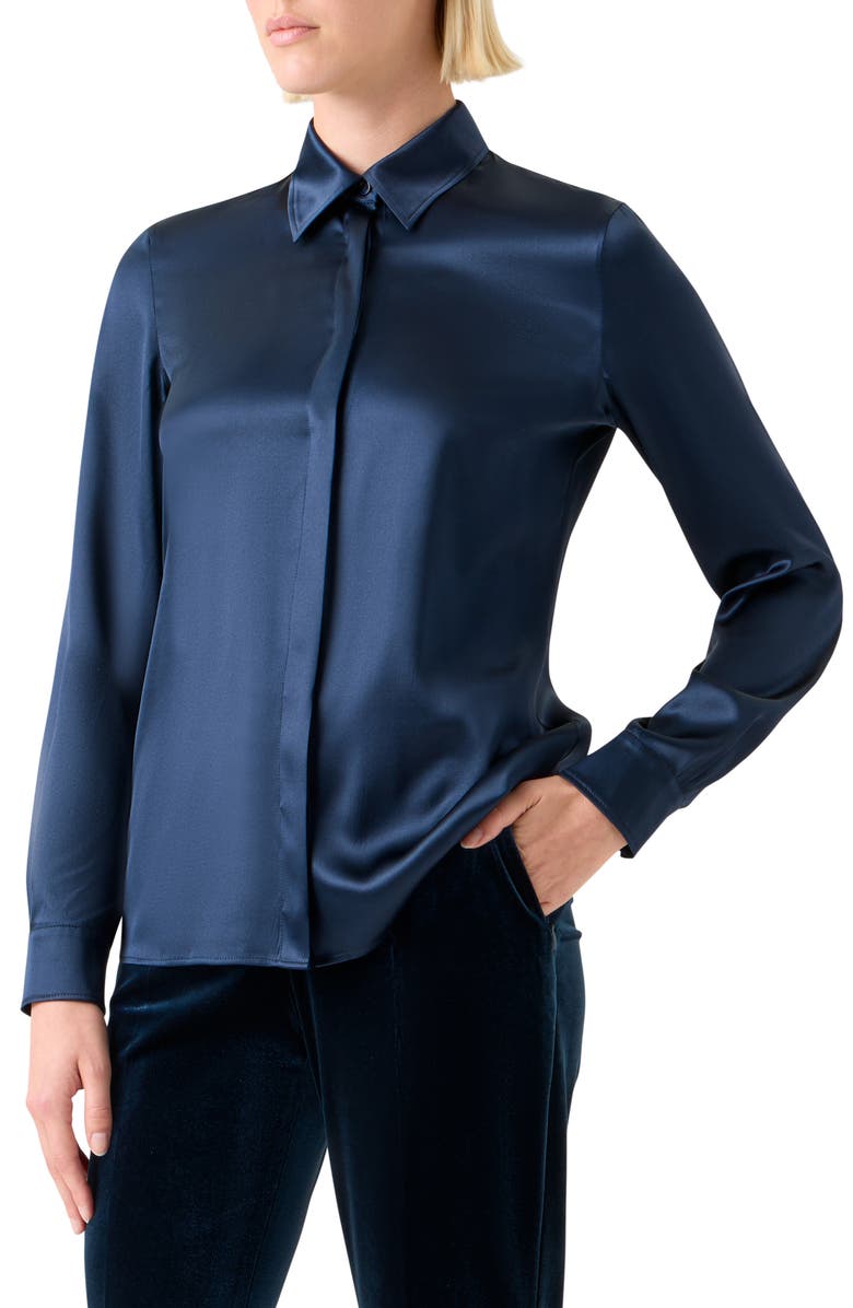 Akris Stretch Silk Satin Button-Up Shirt, Alternate, color, Denim Blue