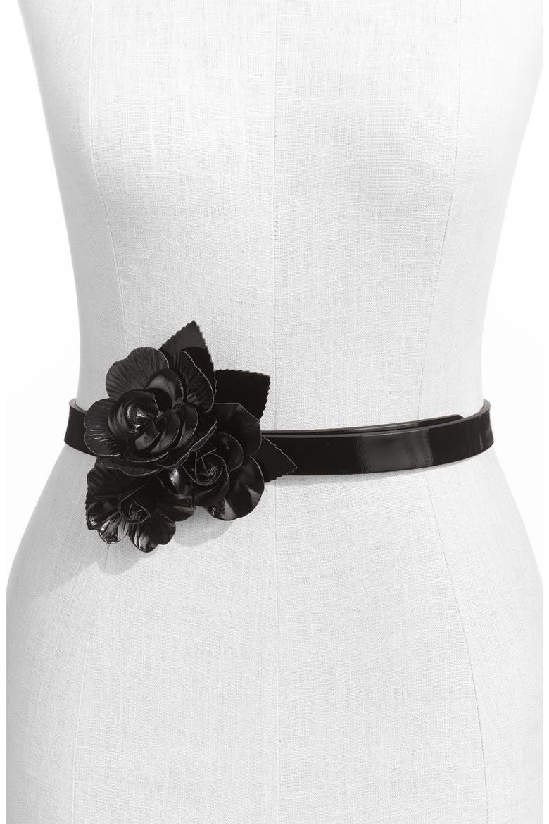 'Flower' Faux Leather Belt, Main, color, BLACK PATENT