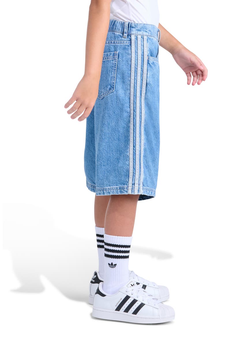 Kids' 3-Stripes Denim Shorts, Alternate, color, MEDIUM WASH DENIM