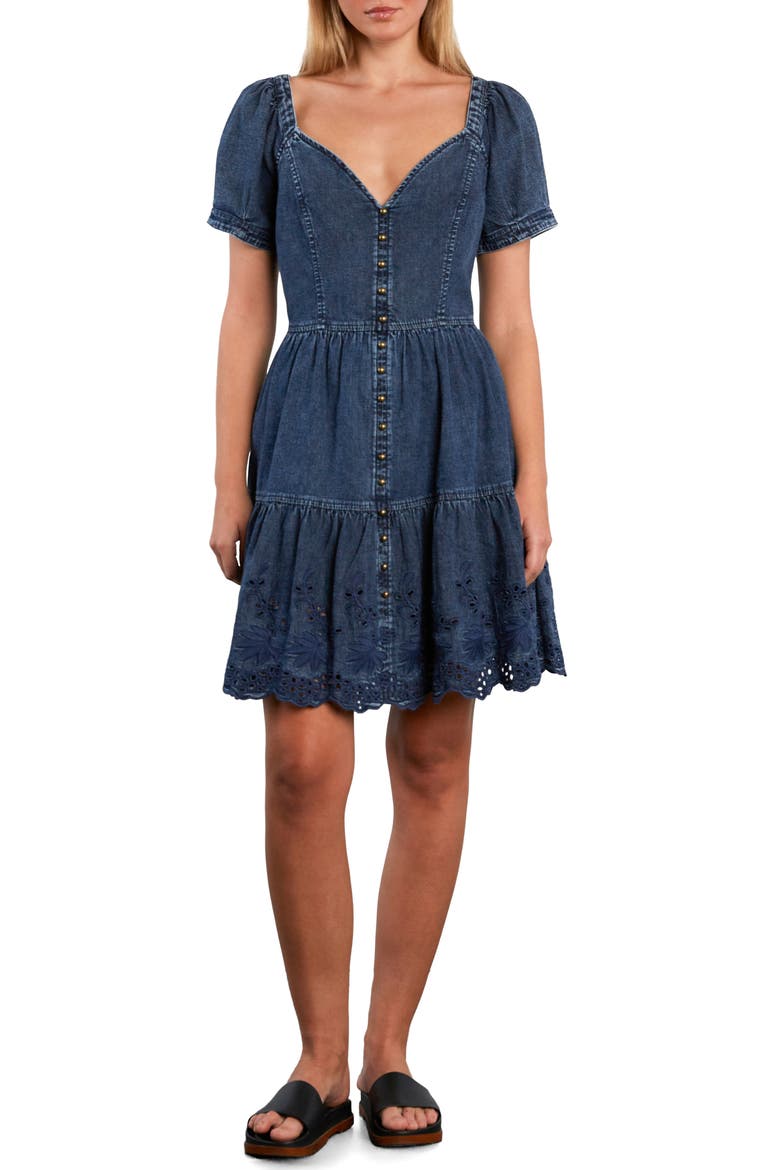 Ruby Eyelet Tiered Denim Midi Dress, Main, color, PETAL DREAM