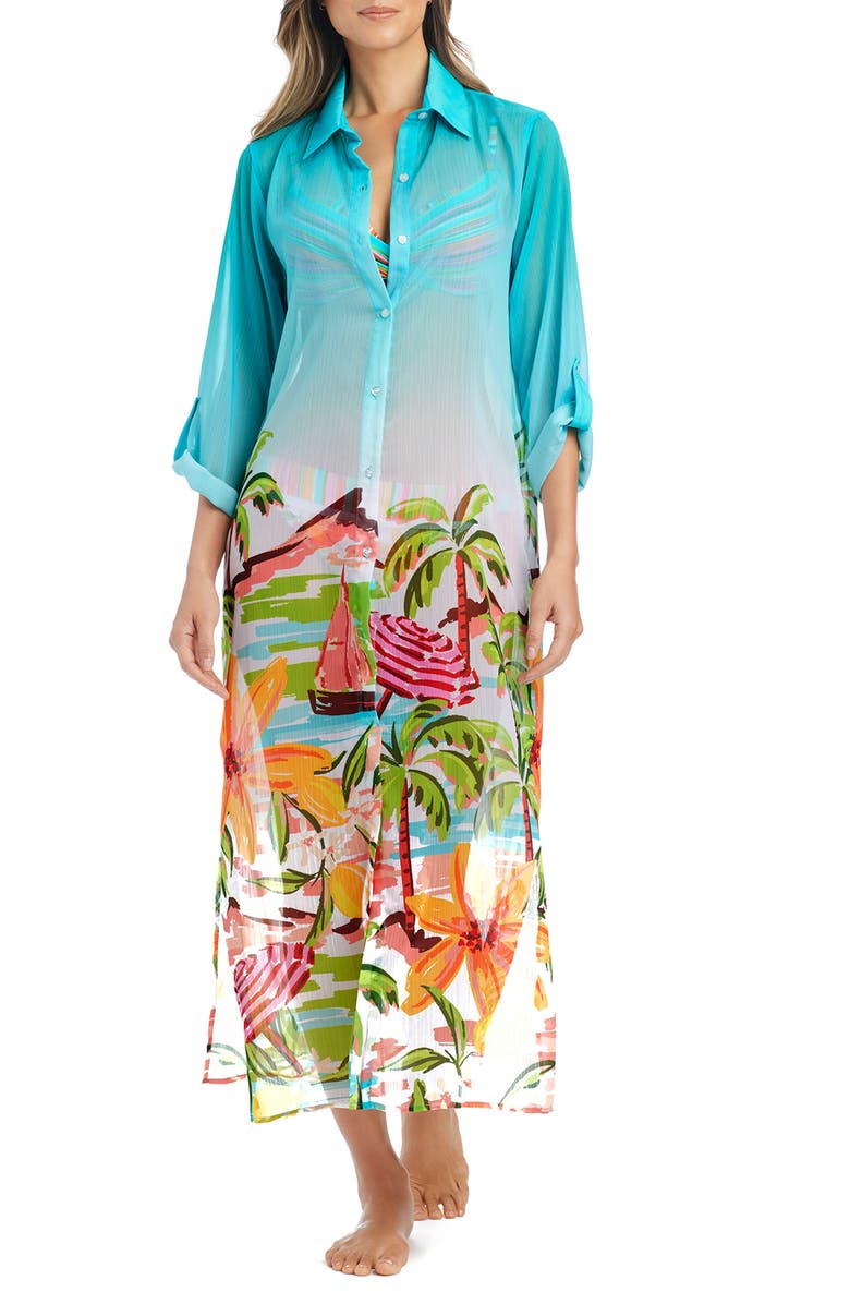 BLEU by Rod Beattie Long Sleeve Cover-Up Shirtdress, Alternate, color, Cool