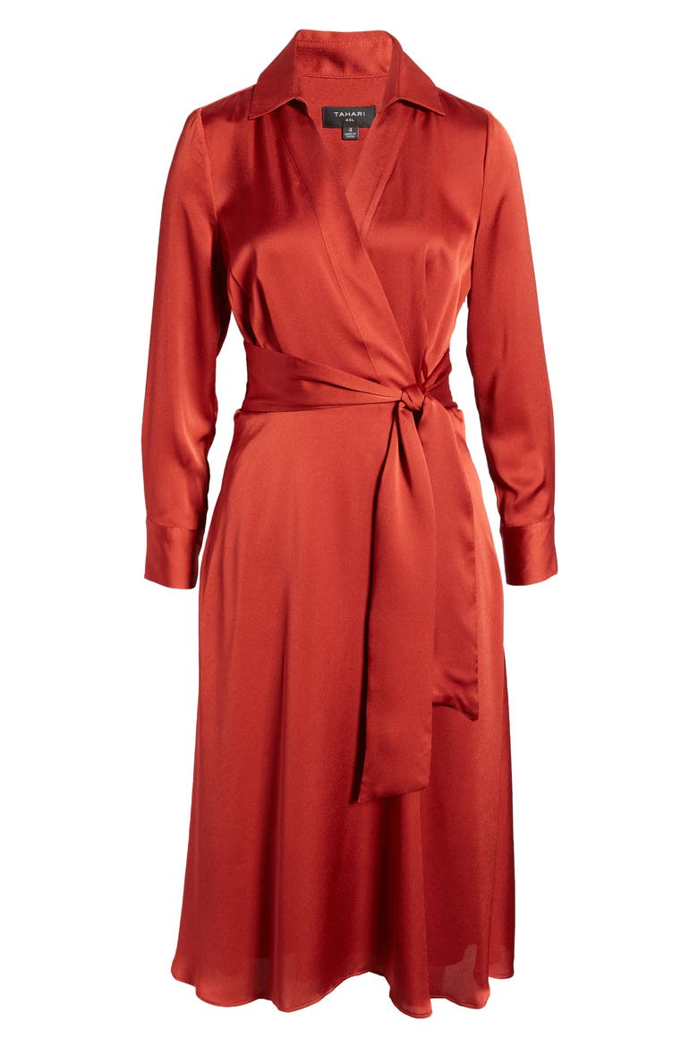Tie Front Long Sleeve V-Neck Satin Shirtdress, Alternate, color, PAPRIKA