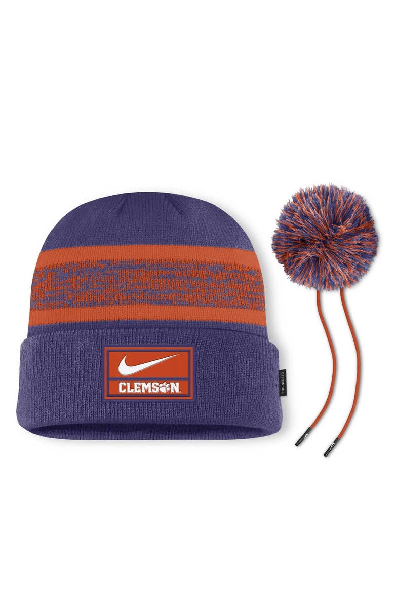 Nike Men's Nike  Purple Clemson Tigers On-Field Peak Cuffed Knit Hat with Pom, Alternate, color, 