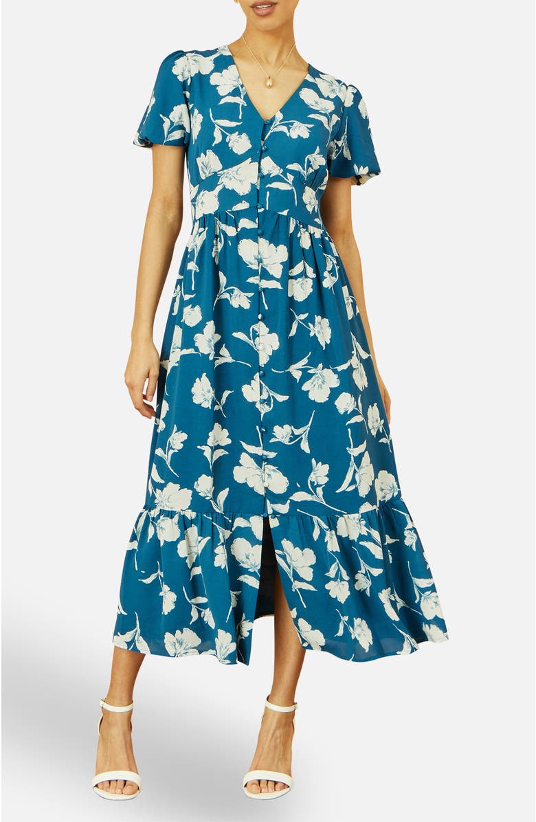 Yumi Floral Button Down Floral Midi Dress, Alternate, color, Teal