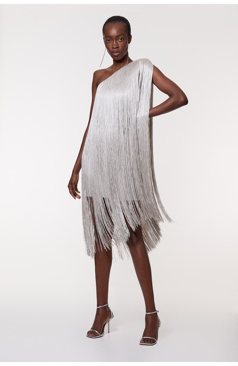 Karen Millen Fringe Mini Knit Dress, Main, color, Silver