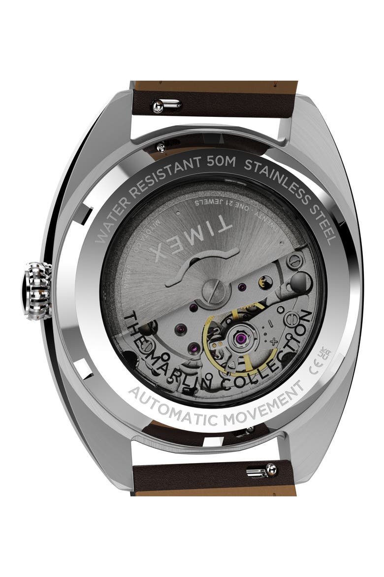 Marlin® Draper Automatic Leather Strap Watch, 37mm x 43mm, Alternate, color, STAINLESS STEEL