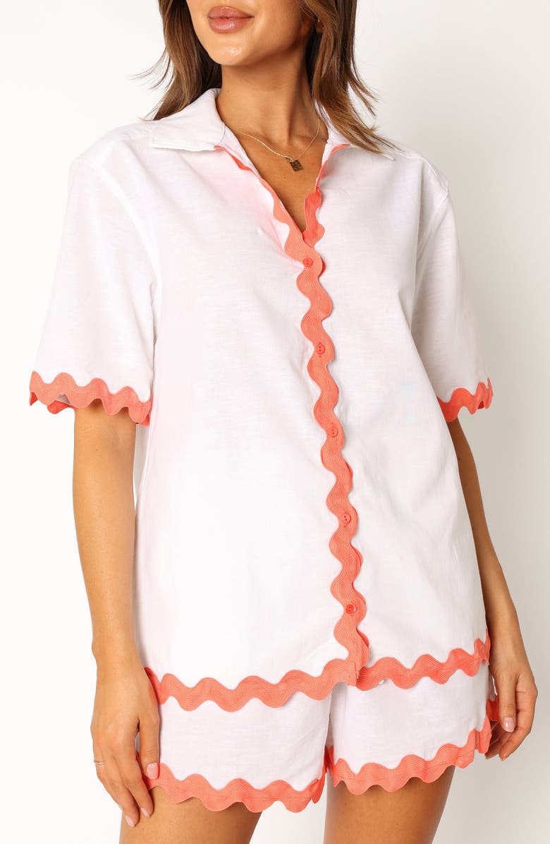 Petal & Pup Harry Rickrack Trim Cotton & Linen Button-Up Shirt, Alternate, color, White/ Melon
