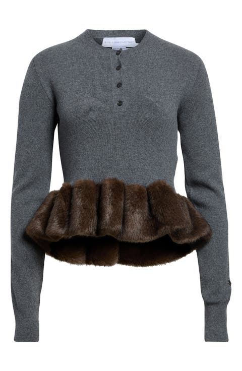 Faux Fur Trim Wool Blend Sweater