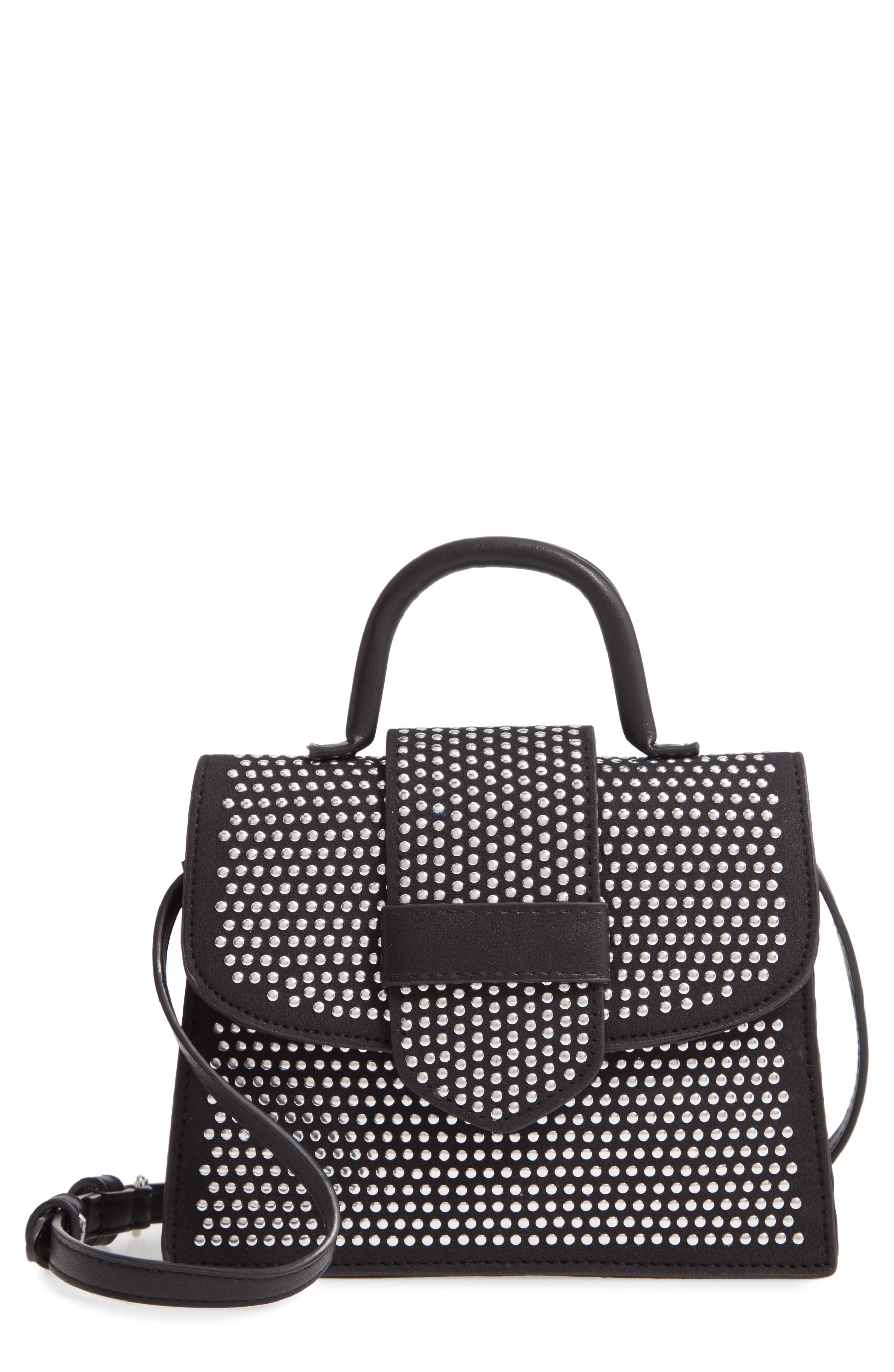 Steve Madden Mini Studded Faux Leather Top Handle Satchel, Main, color, 