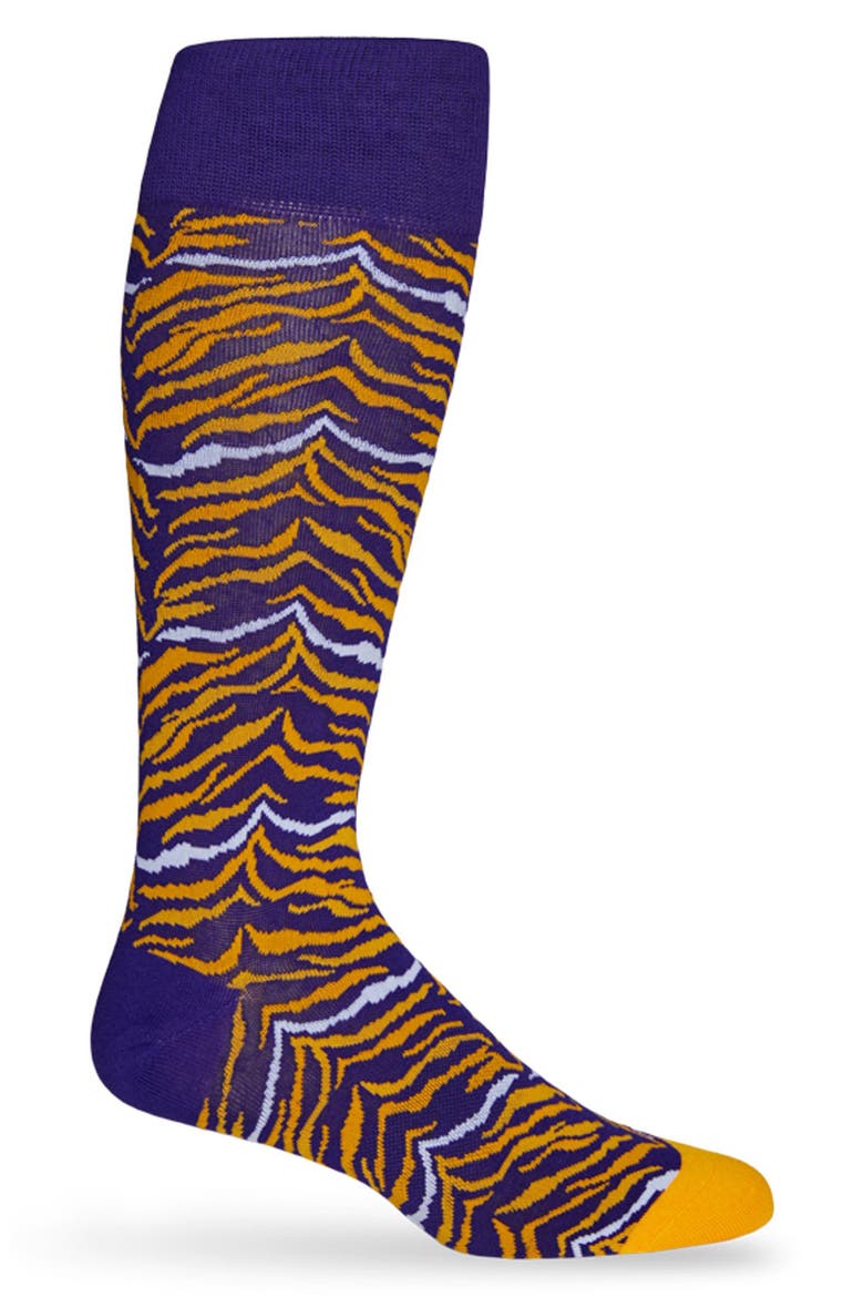 Tiger Striped Crew Socks, Main, color, PURPLE / GOLD