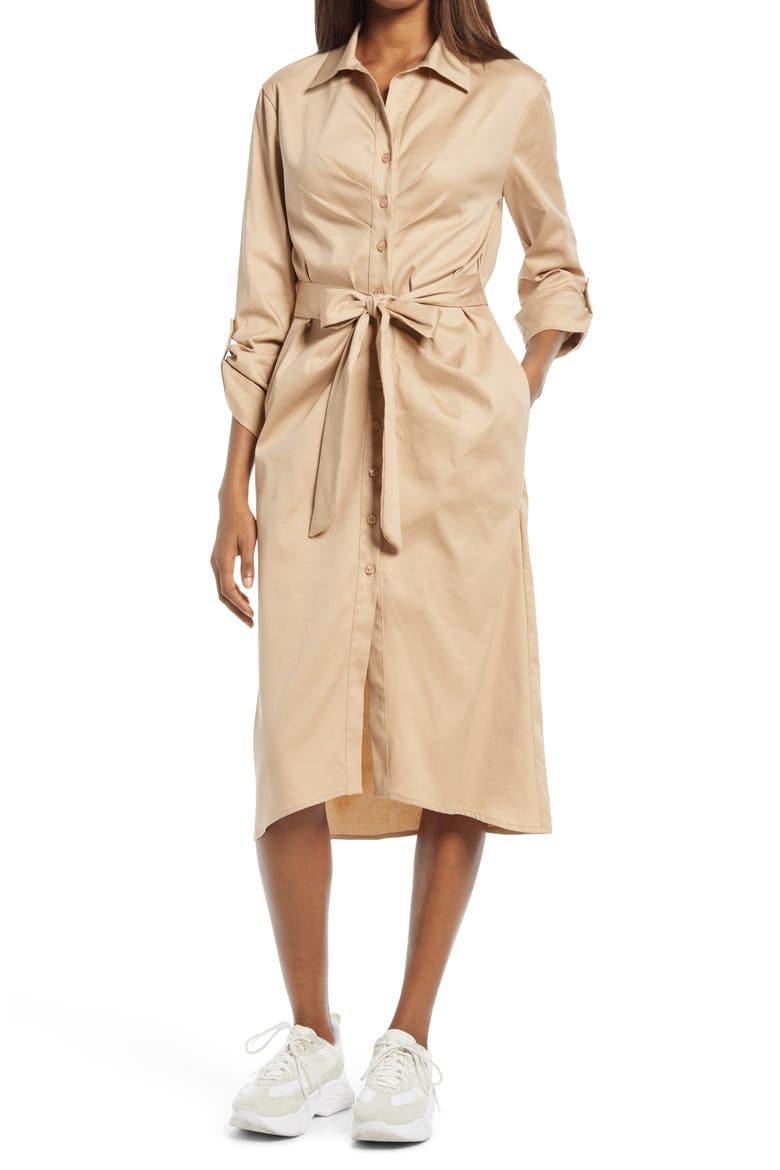 Tie Front Long Sleeve Shirtdress, Main, color, TAUPE