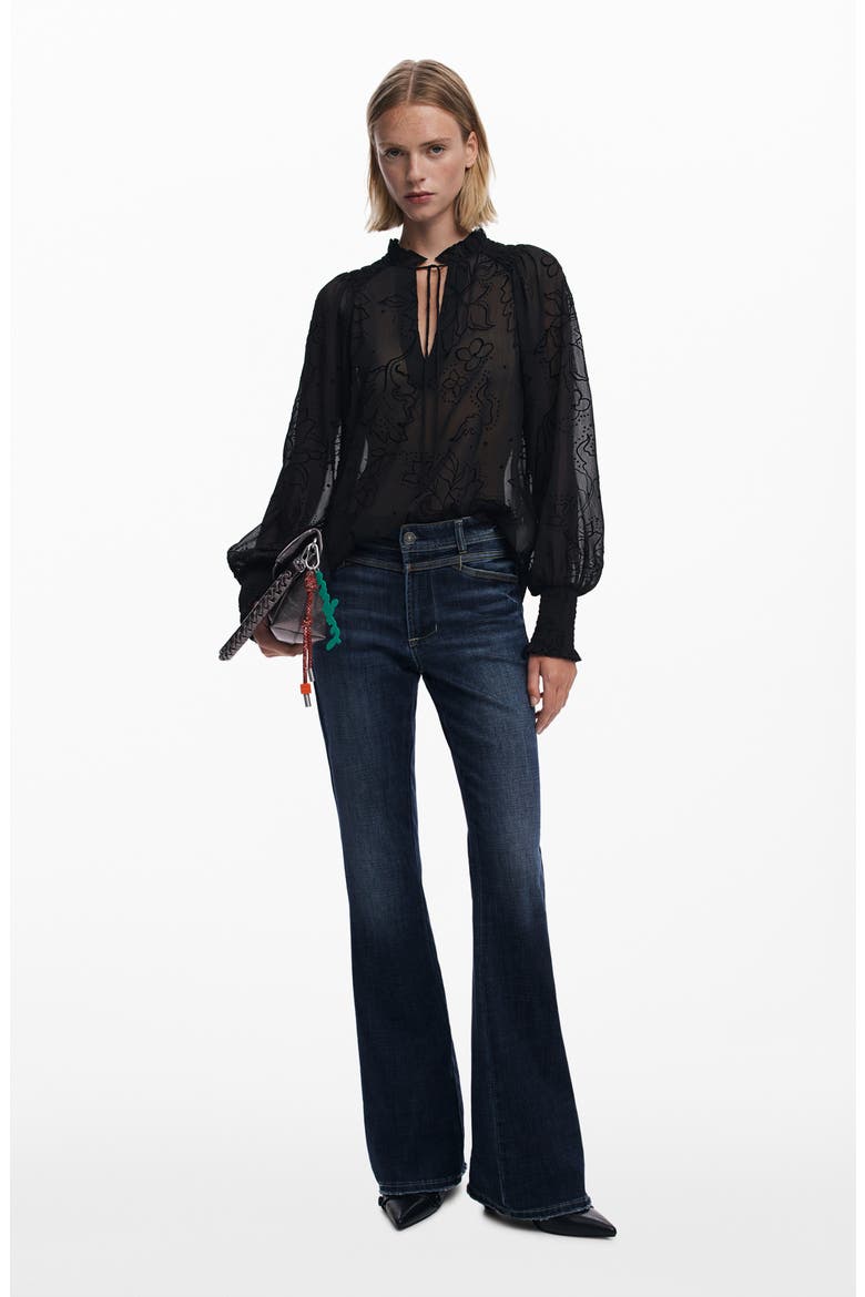 Floral Split Neck Popover Top, Alternate, color, BLACK