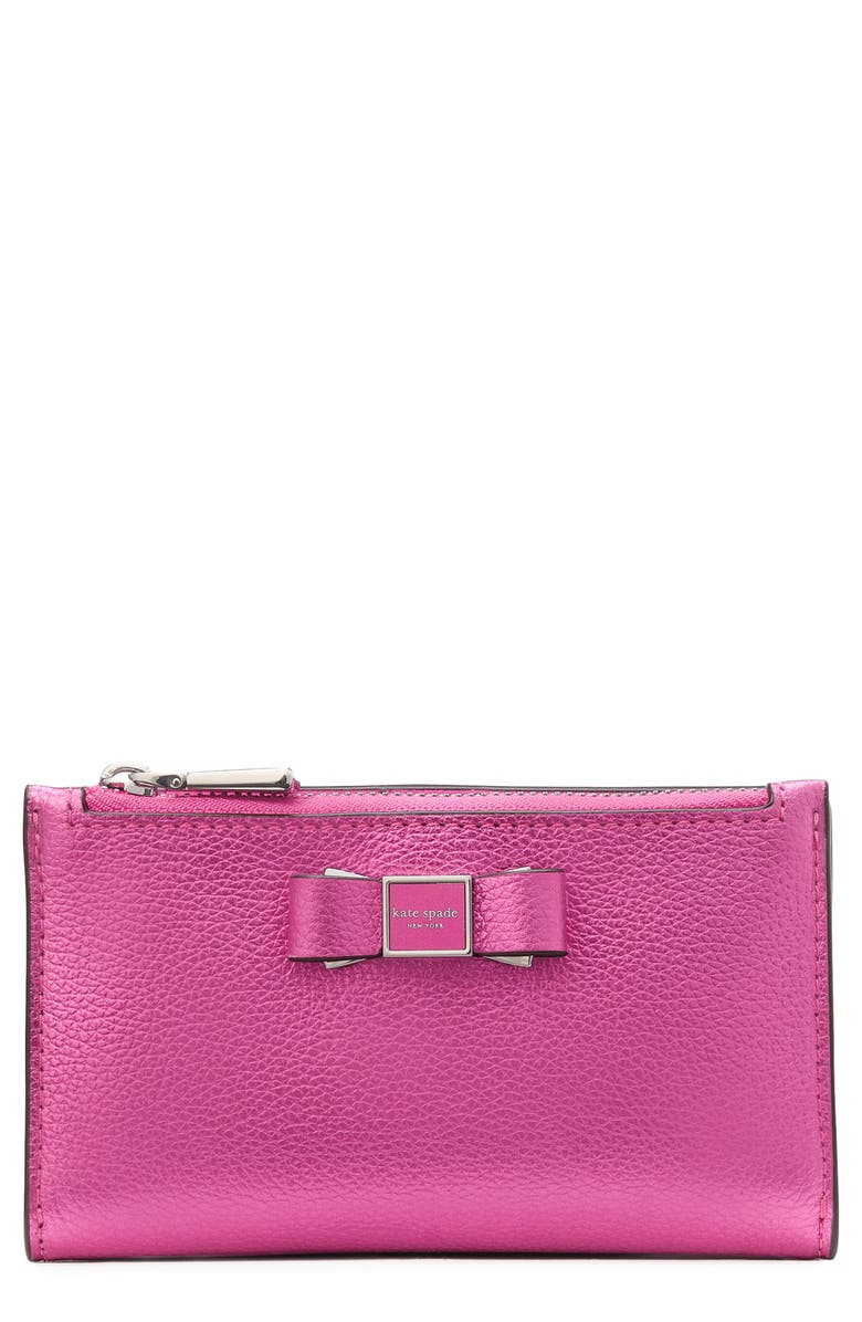 Kate Spade New York morgan bow metallic pebble leather bifold wallet, Main, color,