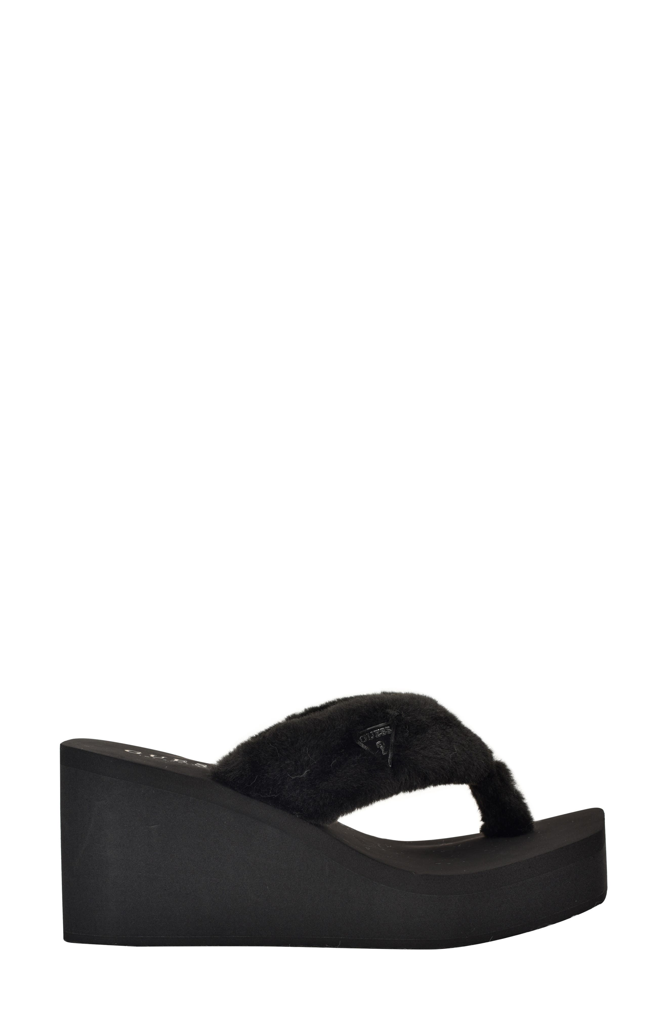 GUESS Sabinn Faux Fur Wedge Sandal, Alternate, color, Black