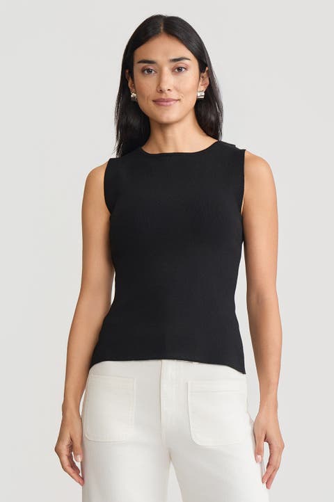 Boat Neck Soft Knit Ribbed Tank, Black