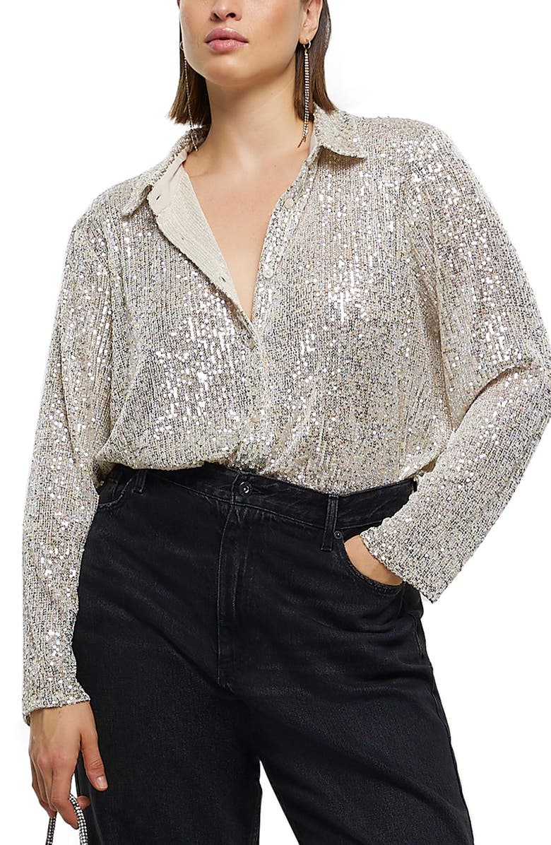 River Island Sequin Button-Up Shirt, Main, color, 