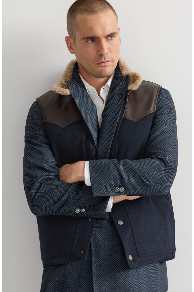 Bonded wool flannel paneled down vest with shearling collar and nappa leather inserts, Alternate, color, Blue