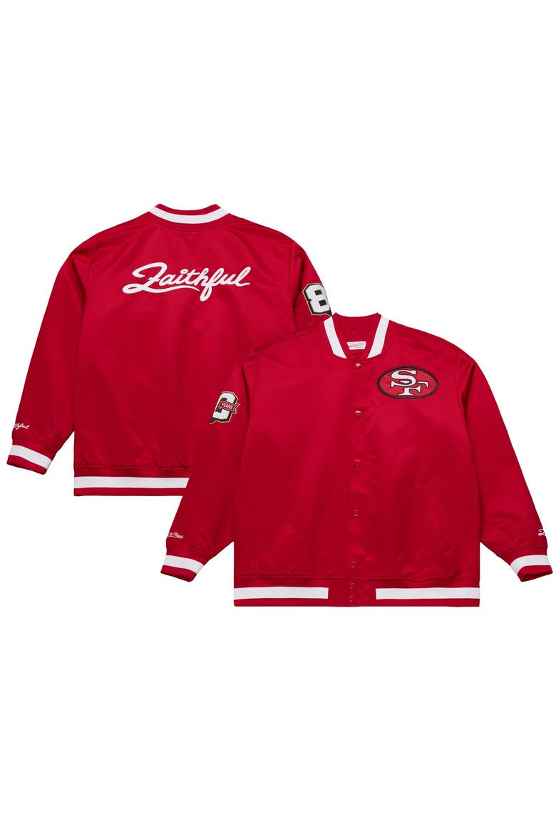 Men's Mitchell & Ness Scarlet San Francisco 49ers 80th Anniversary Heavyweight Satin Full-Snap Jacket, Main, color, Scarlet