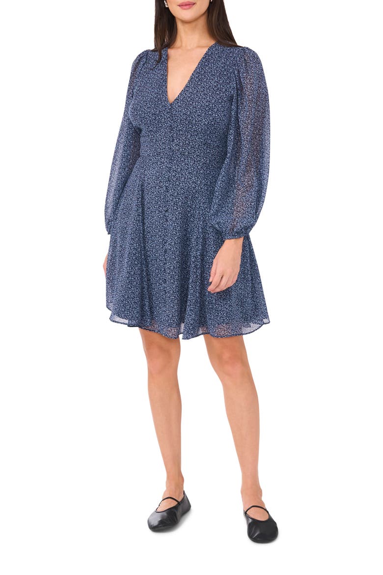 Floral V-Neck Long Sleeve Button Front Dress, Main, color, INDIGO NIGHT