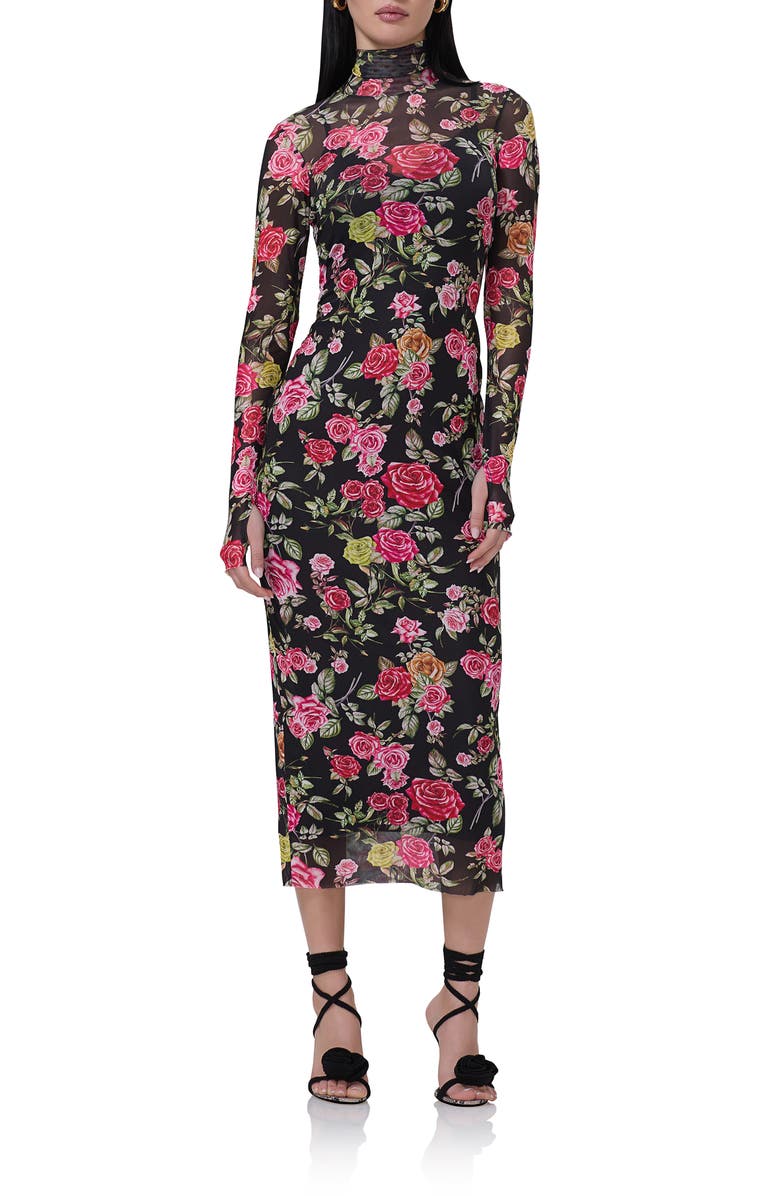 AFRM Shailene Turtleneck Long Sleeve Mesh Dress, Main, color, Wallpaper Rose