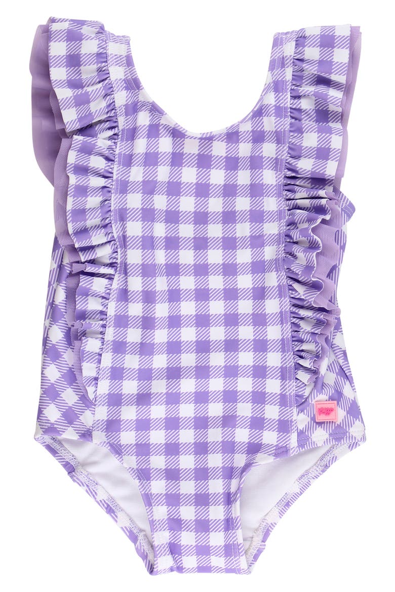 Kids' Wisteria Purple Gingham One-Piece Swimsuit, Main, color, PURPLE