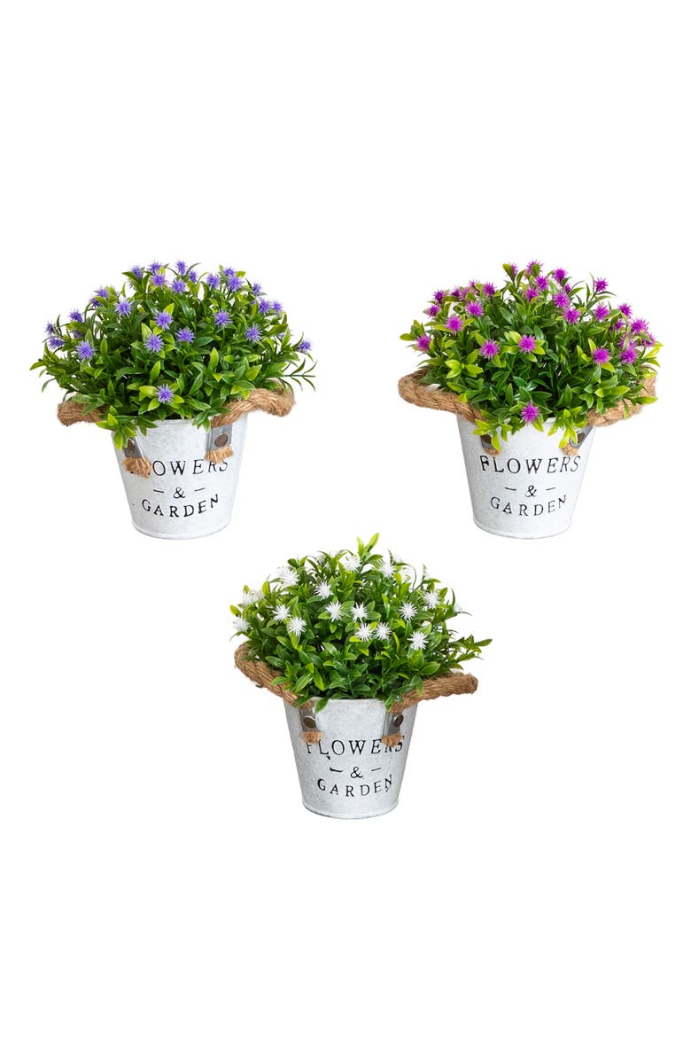 8-in Artificial Flowering Plant in Rustic Flowers & Garden Planter - Set of 3, Main, color, Assortment 1