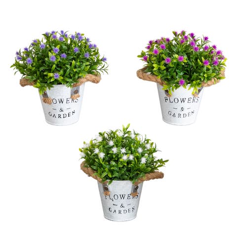 8-in Artificial Flowering Plant in Rustic Flowers & Garden Planter - Set of 3