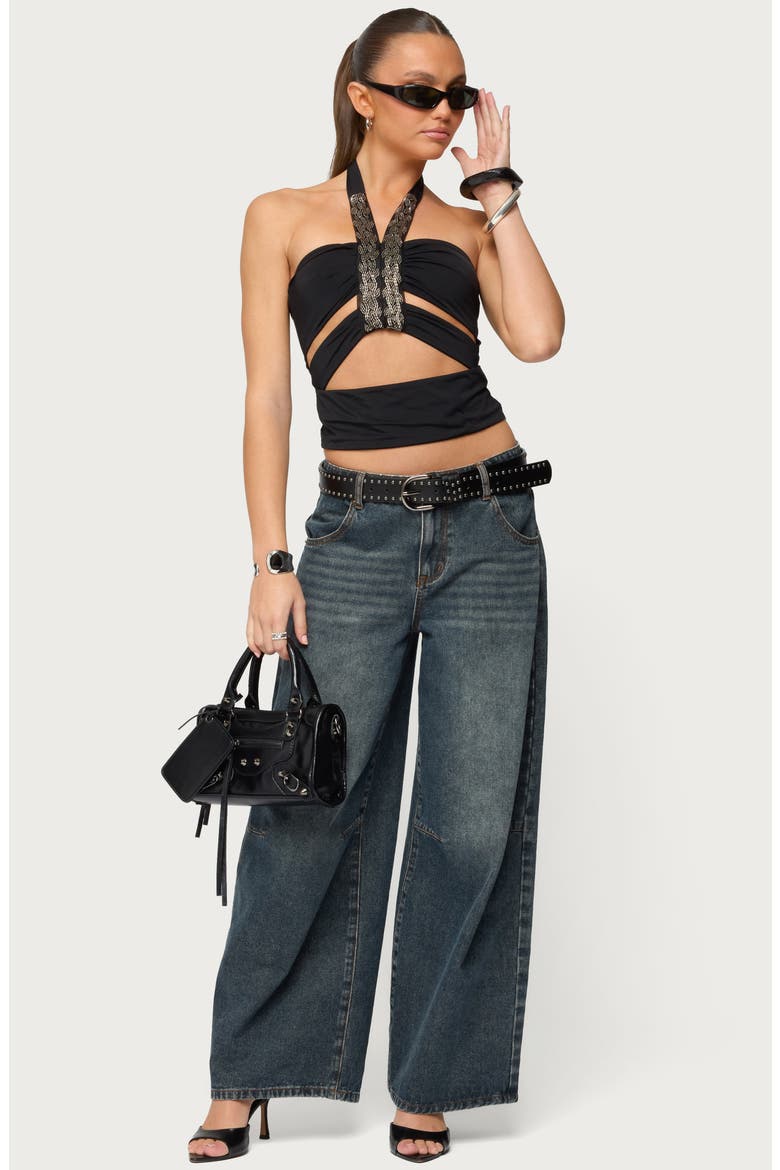 Zola Cutout Beaded Halter Top, Alternate, color, BLACK