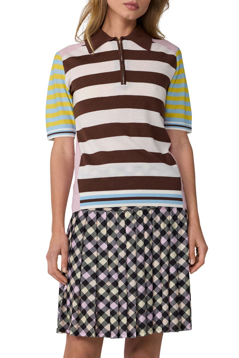 Catrina Striped Merino Wool Polo Sweater, Main, color, PINK BROWN