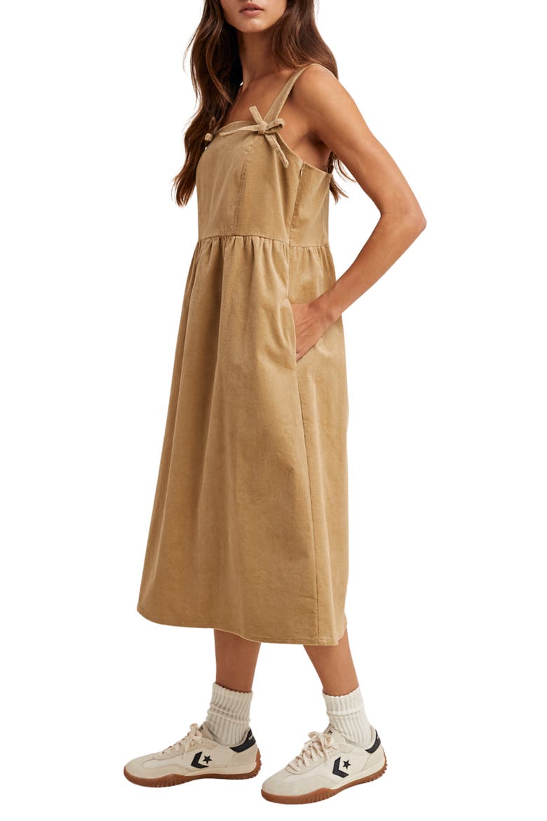 Corduroy Bow Strap Overalls Midi Dress, Alternate, color, TAUPE