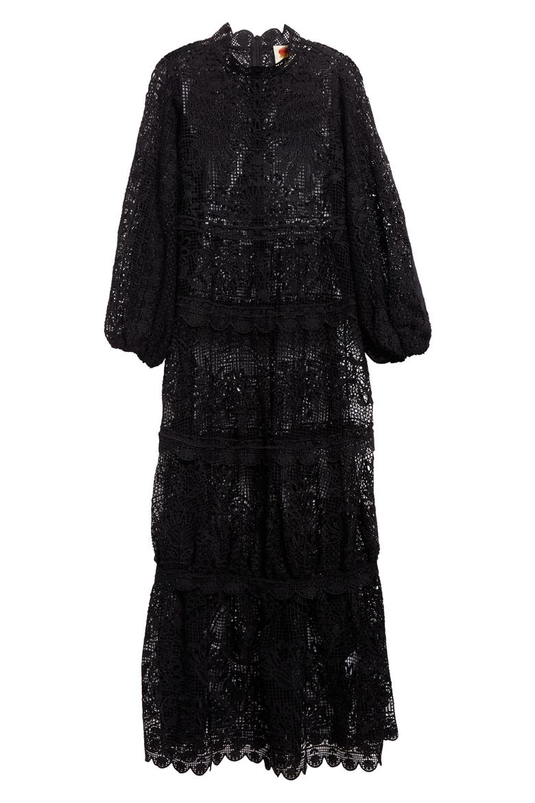 Long Sleeve Guipure Lace Maxi Dress, Alternate, color, BLACK